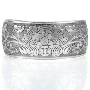 New Tibetan Ethnic Silver Floral Engraved Hippie Bohemian Festival Cuff Bracelet